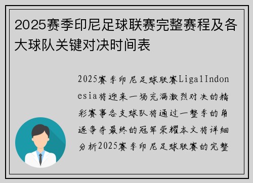 2025赛季印尼足球联赛完整赛程及各大球队关键对决时间表