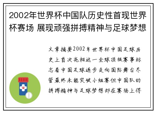 2002年世界杯中国队历史性首现世界杯赛场 展现顽强拼搏精神与足球梦想