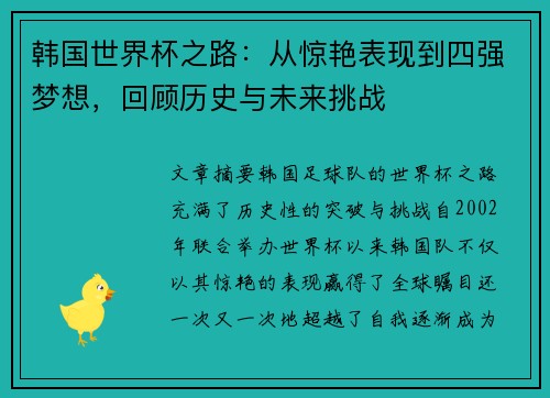 韩国世界杯之路：从惊艳表现到四强梦想，回顾历史与未来挑战