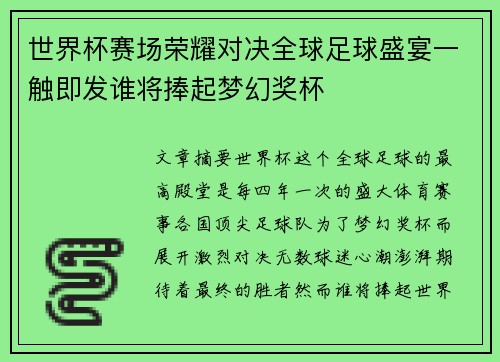 世界杯赛场荣耀对决全球足球盛宴一触即发谁将捧起梦幻奖杯